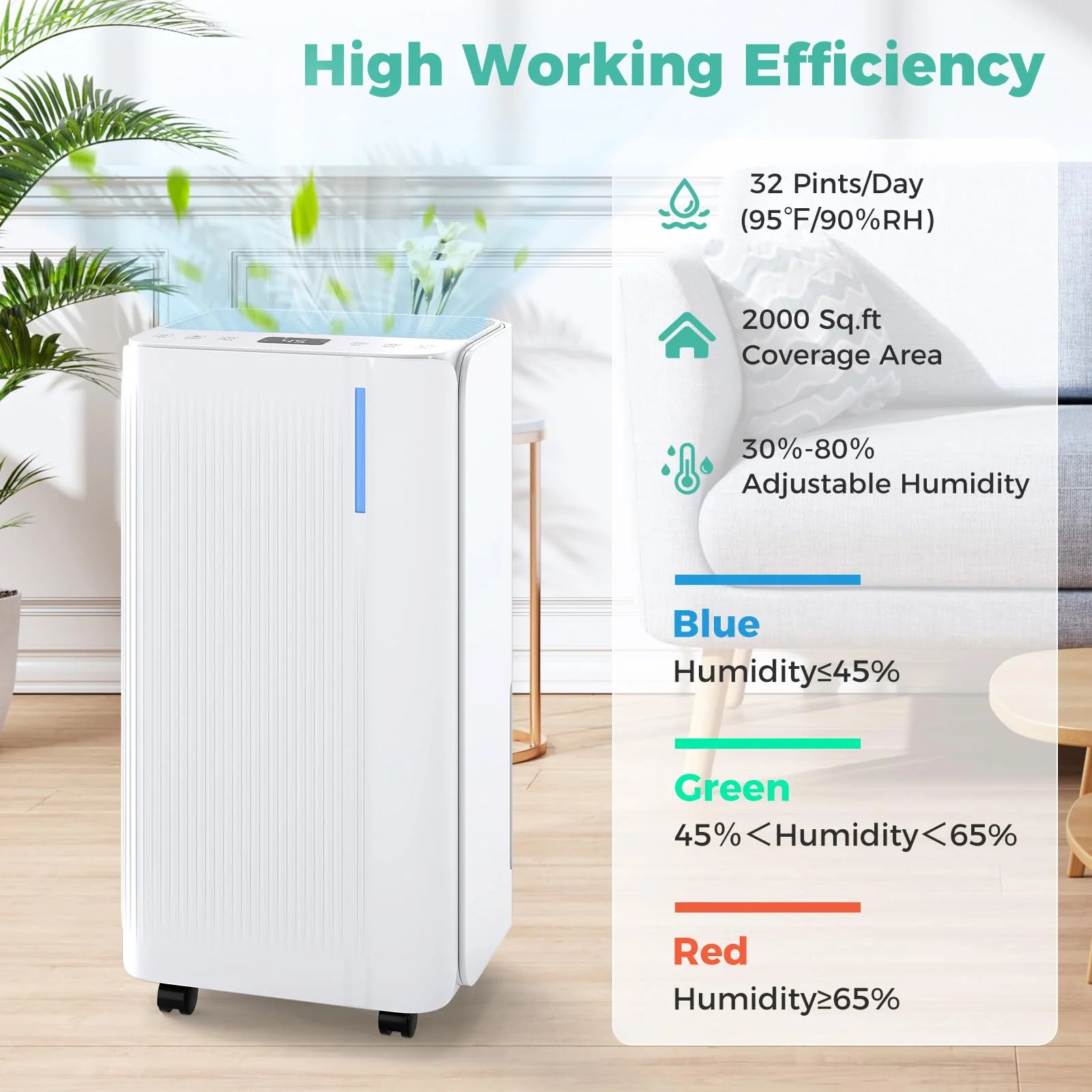 32 Pints Dehumidifier for Home & Basement, 2000 Sq.ft Portable Dehumidifier with Drain Hose - Image 2