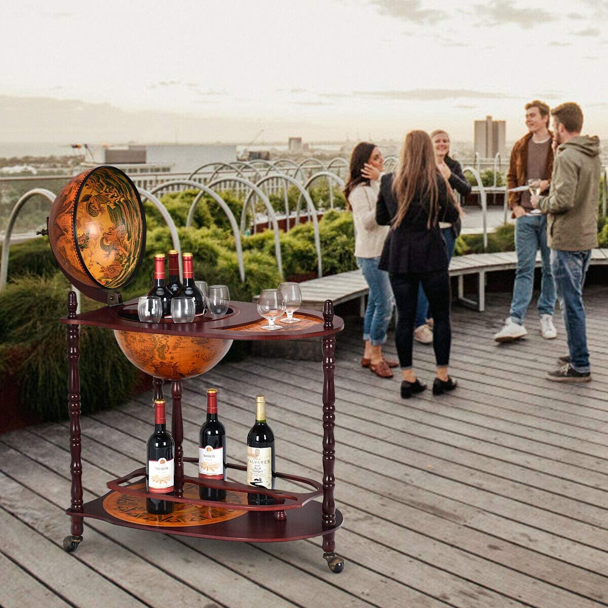 34" Wood Globe Wine Bar Stand 16th Century Italian Rack Bigger Shelf for More Liquor Bottle - Image 3