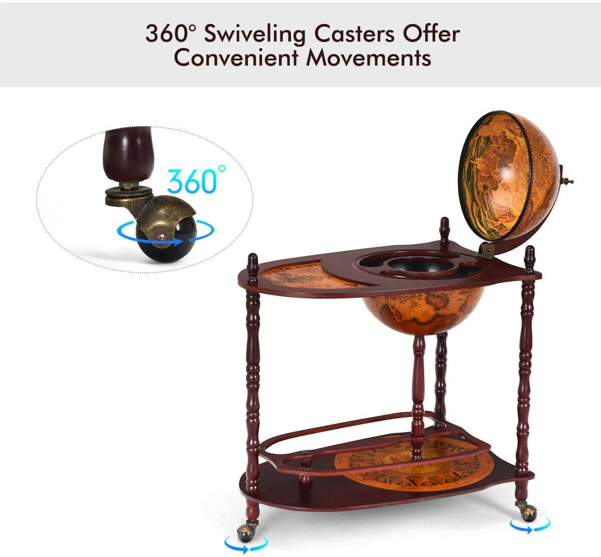 34" Wood Globe Wine Bar Stand 16th Century Italian Rack Bigger Shelf for More Liquor Bottle - Image 4