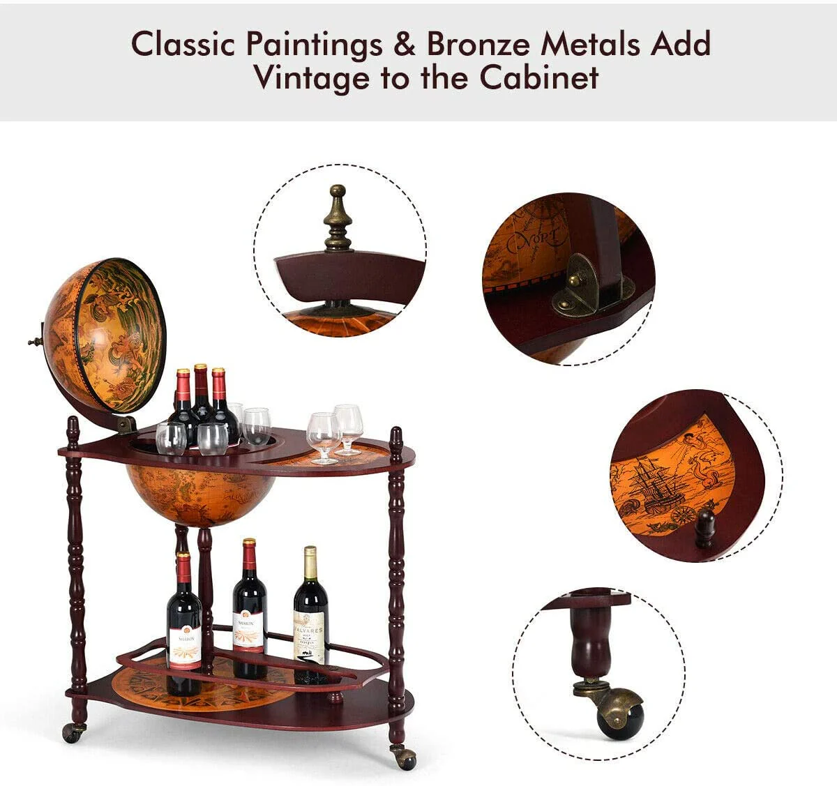 34" Wood Globe Wine Bar Stand 16th Century Italian Rack Bigger Shelf for More Liquor Bottle - Image 5