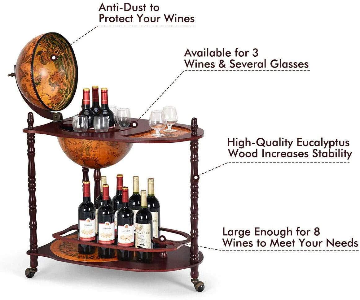 34" Wood Globe Wine Bar Stand 16th Century Italian Rack Bigger Shelf for More Liquor Bottle - Image 6