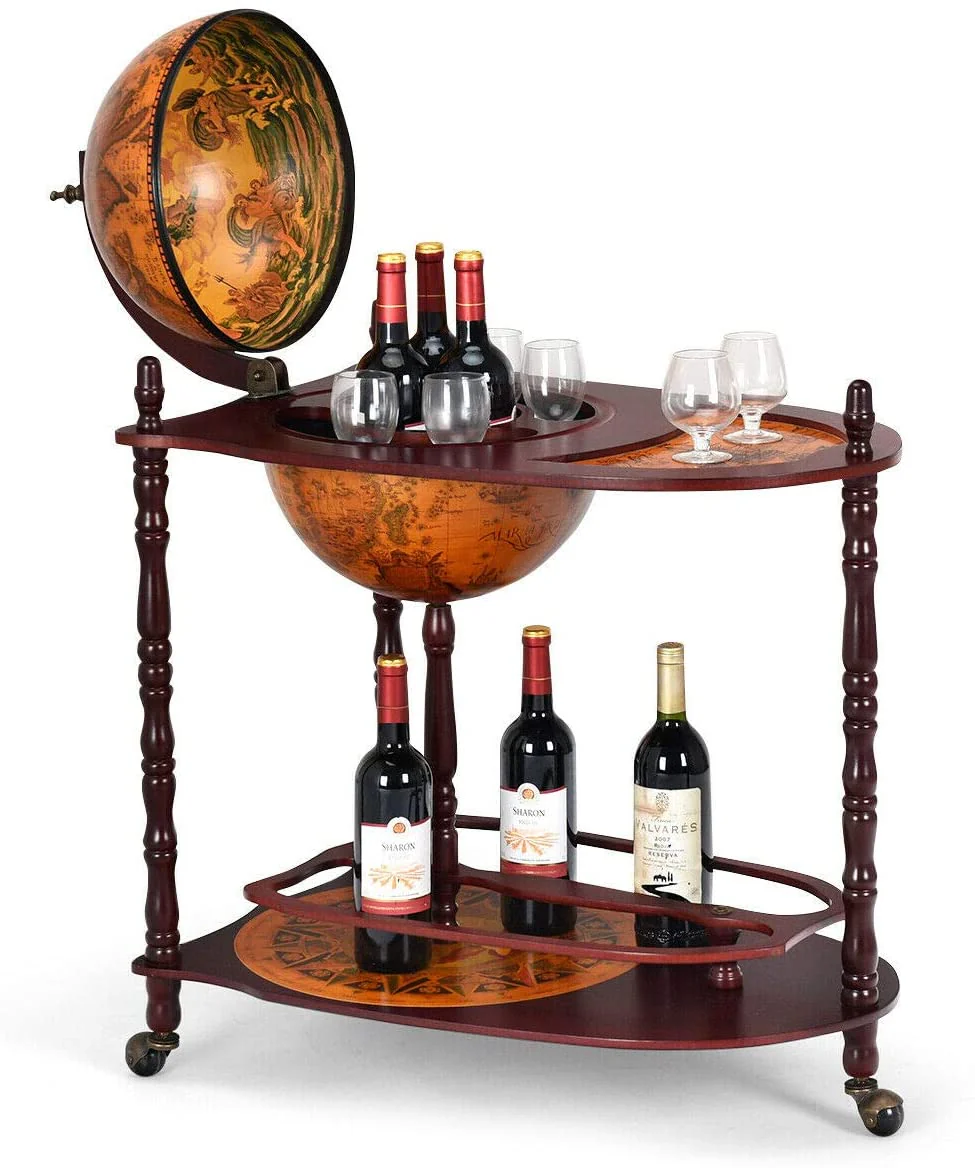34" Wood Globe Wine Bar Stand 16th Century Italian Rack Bigger Shelf for More Liquor Bottle - Image 7