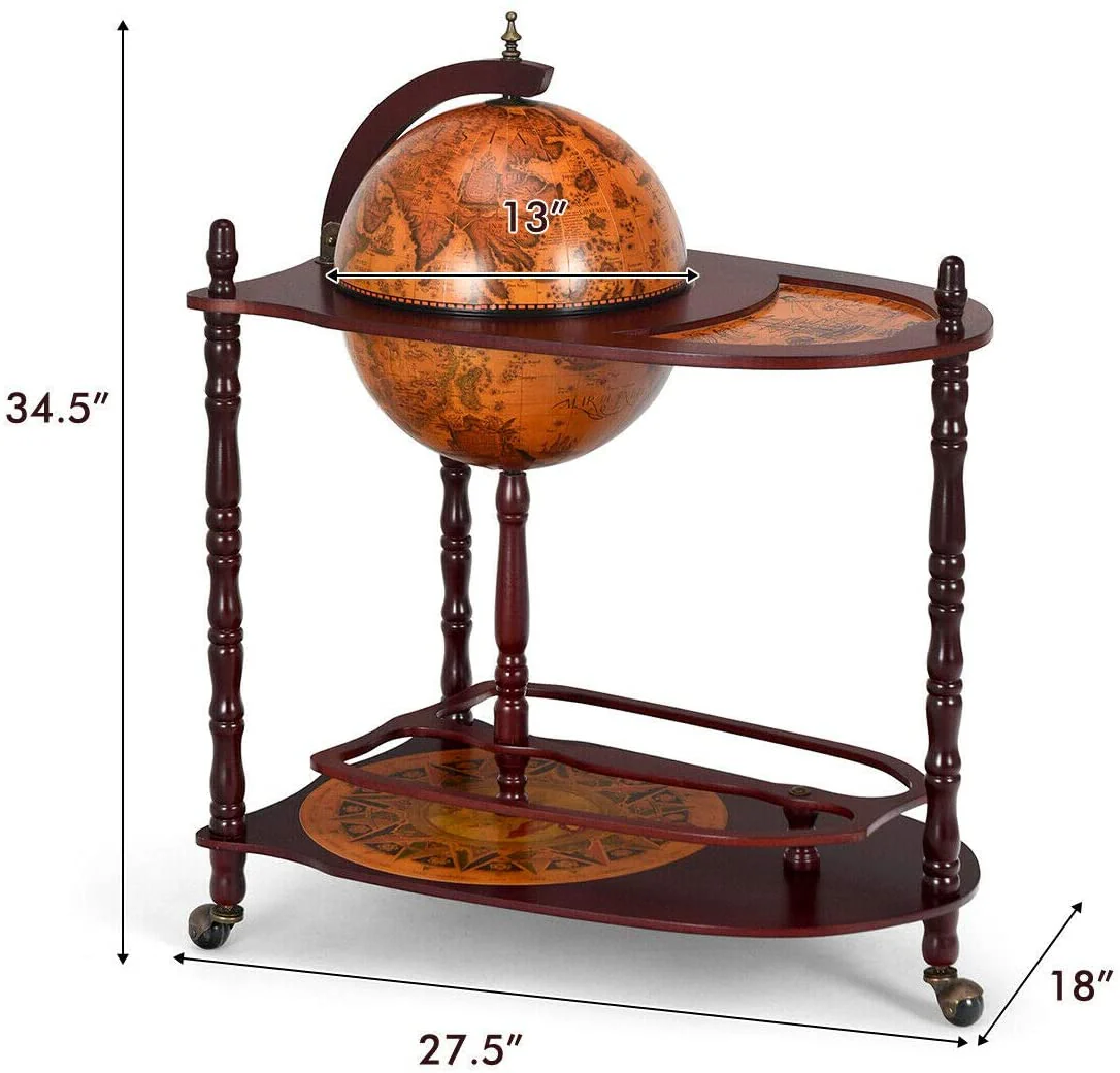 34" Wood Globe Wine Bar Stand 16th Century Italian Rack Bigger Shelf for More Liquor Bottle - Image 8