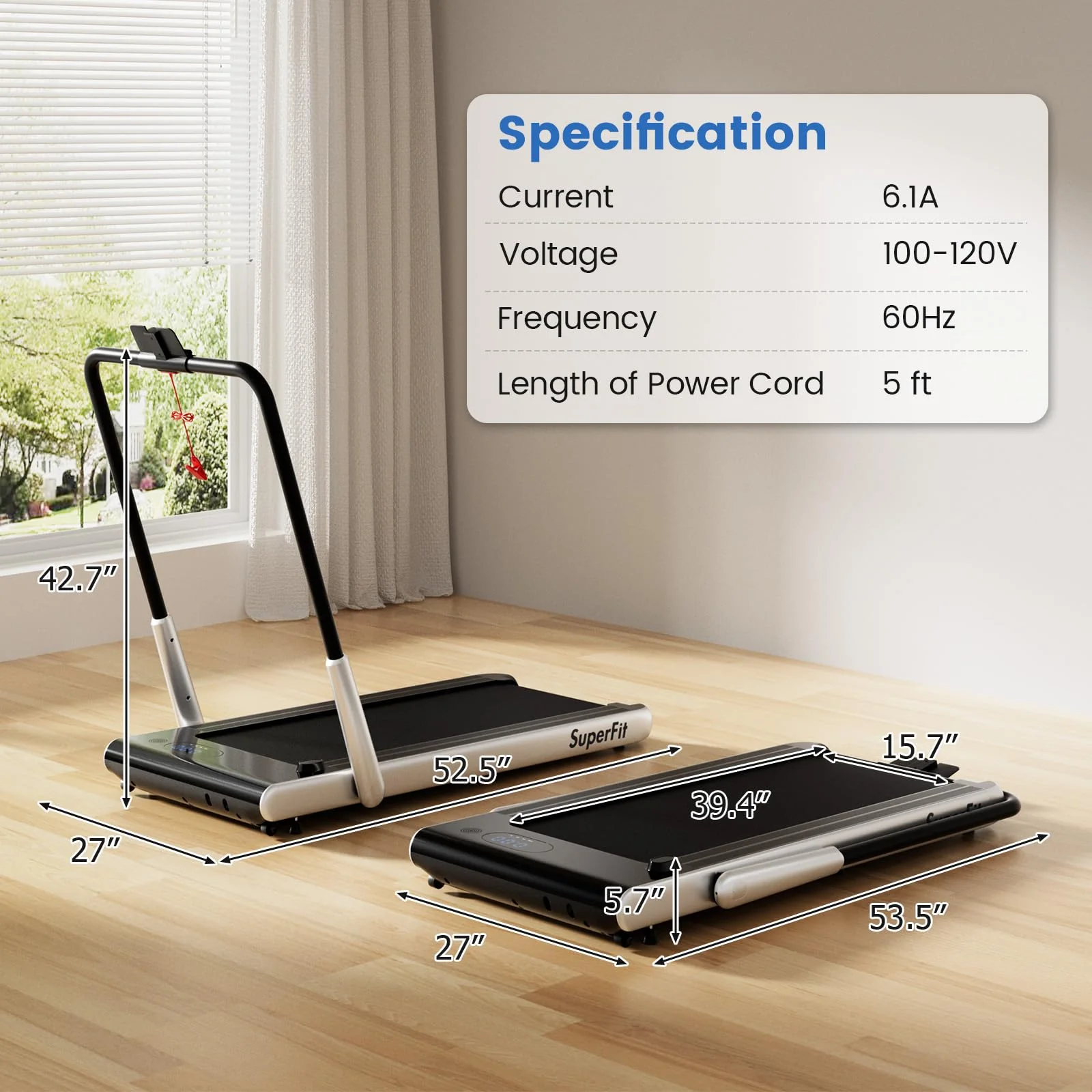 Goplus 340 LBS Capacity Walking Pad with Handle Bar Under Desk Treadmill with Apps - Image 8