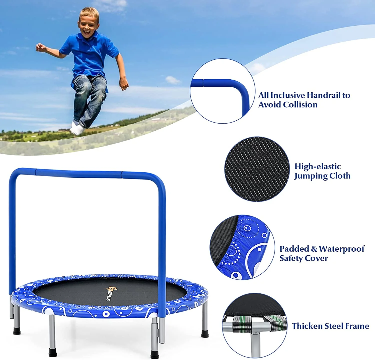 36Inch Kids Trampoline, Foldable Mini Rebounder with Full Covered Handle and Safety Pad - Image 5