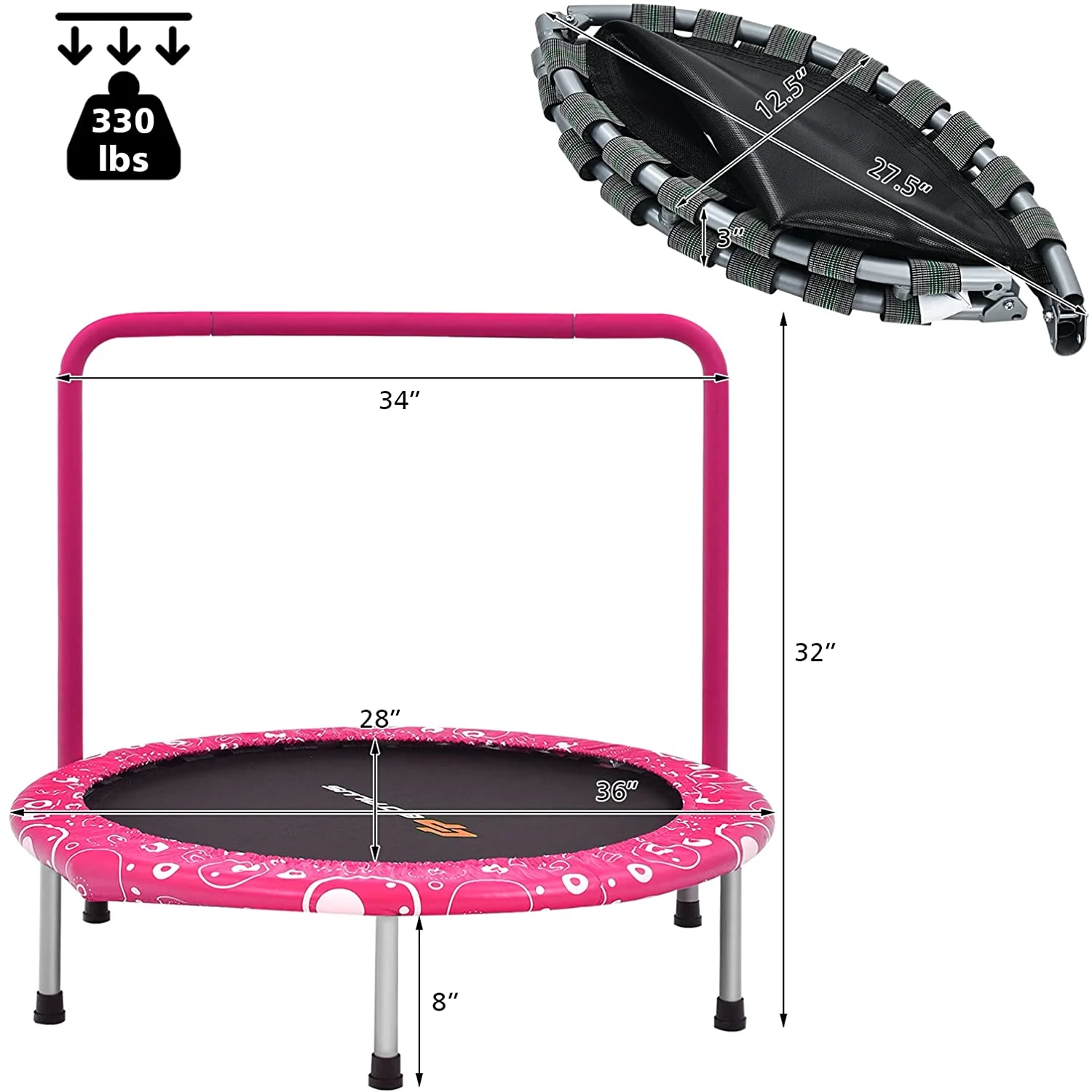 36Inch Kids Trampoline, Foldable Mini Rebounder with Full Covered Handle and Safety Pad - Image 9