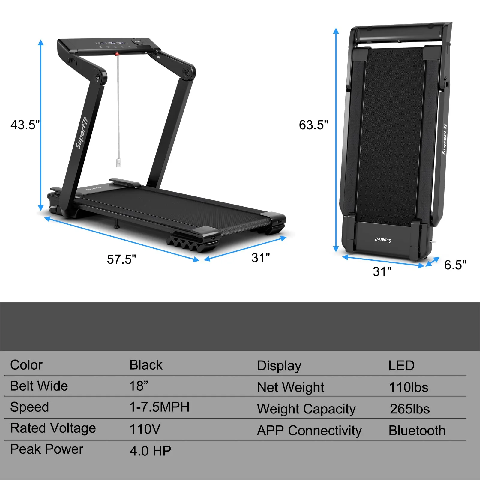 4.0HP Heavy Duty Folding Treadmill, Electric Foldable Superfit Treadmill with LED Touch Screen - Image 8