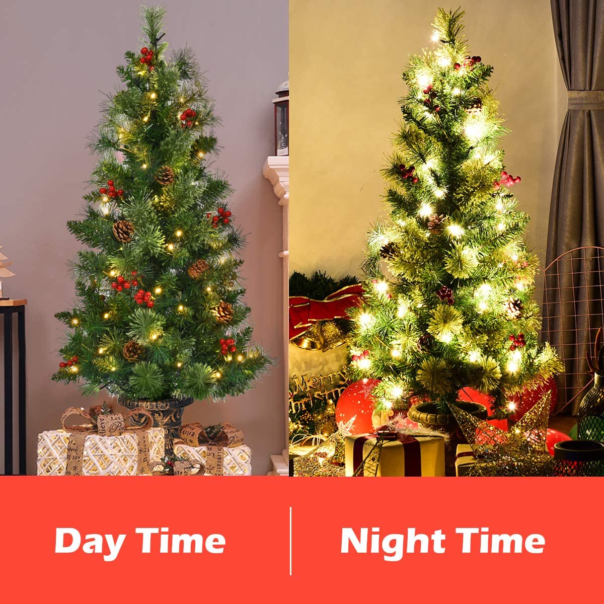 4 FT Christmas Tree Pre-Lit Tabletop Artificial Entrance Tree with 60 Led Lights - Image 3