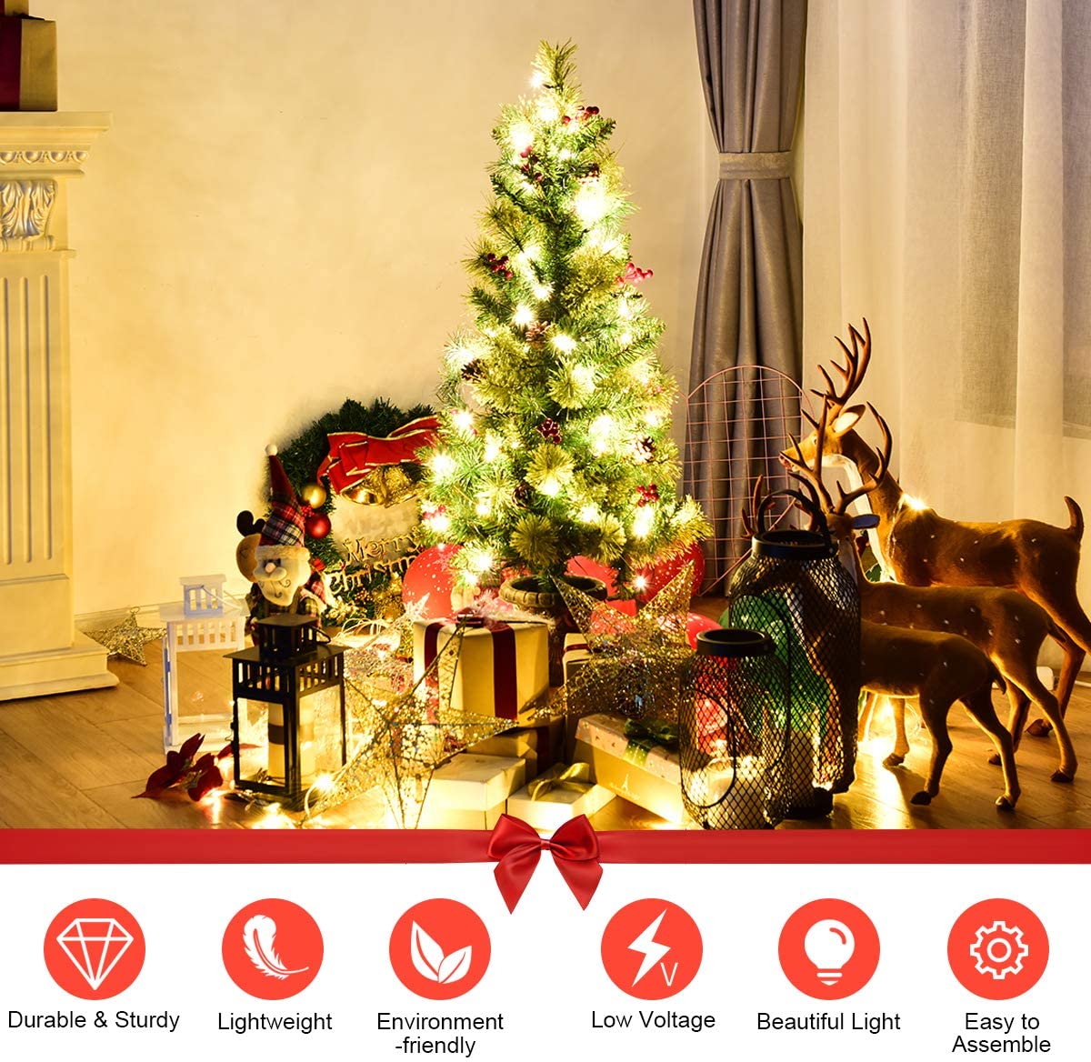 4 FT Christmas Tree Pre-Lit Tabletop Artificial Entrance Tree with 60 Led Lights - Image 4