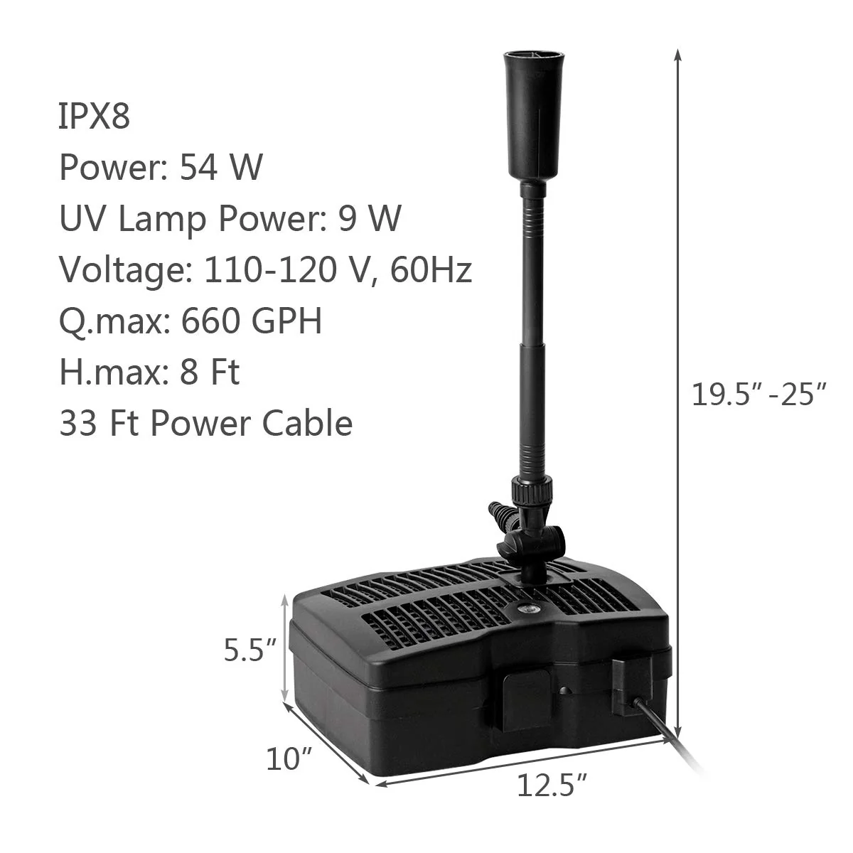 4 in 1 Pond Filter Pump, 660 GPH Fountain Pump w/ 9-Watt Sterilizer and Fountain Jet - Image 9