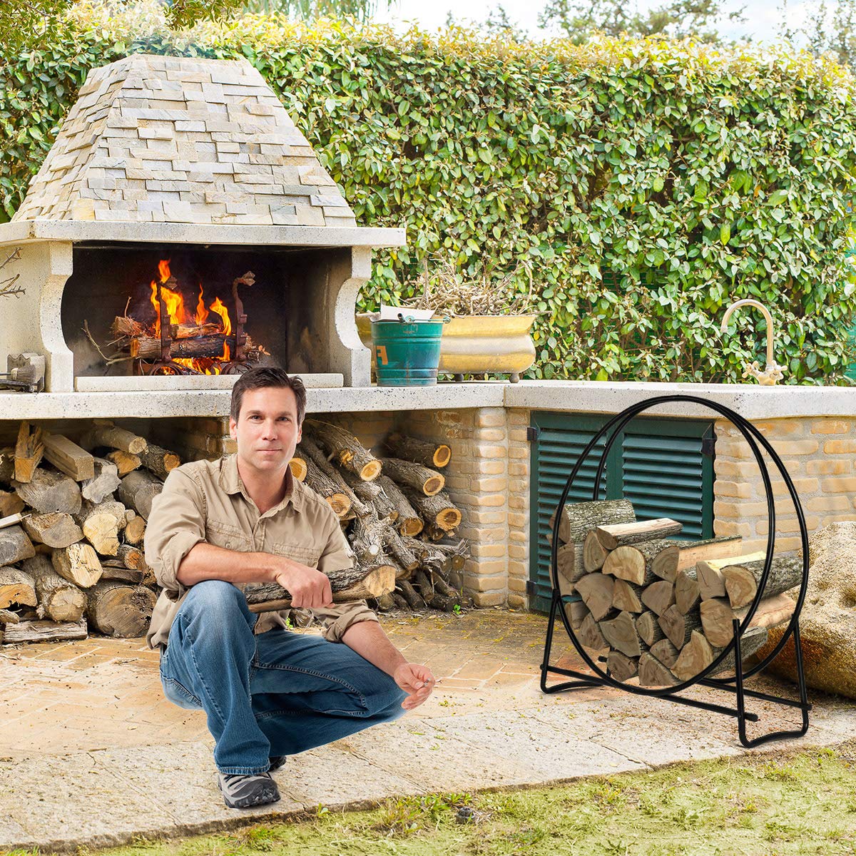 41 Inch Firewood Log Hoop, Tubular Steel Log Holder, Heavy Duty Wood Storage Rack for Outdoor & Indoor, Fireplace Pit - Image 3