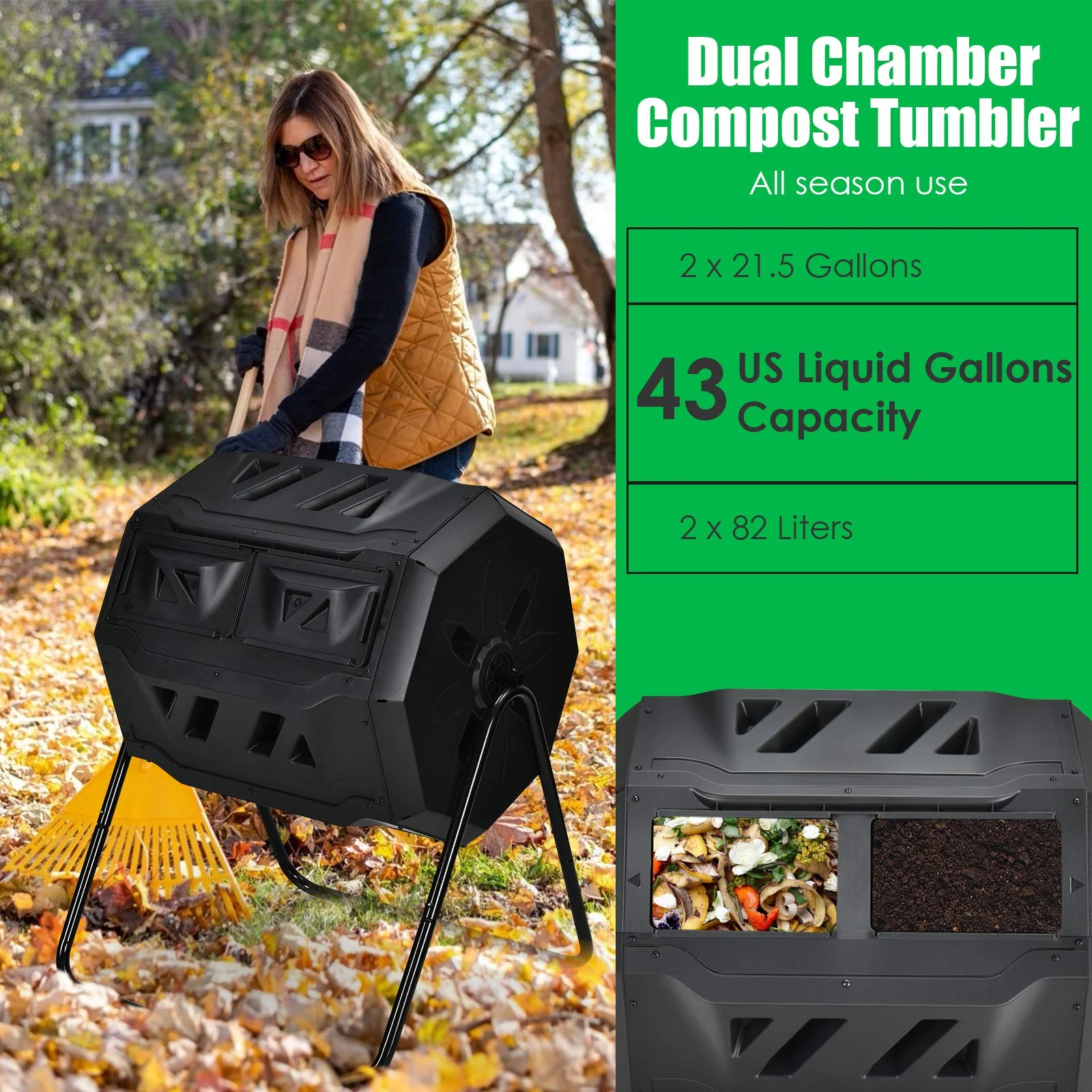 43 Gallon Composting Tumbler, Dual Chamber High Volume Compost with 2 Sliding Doors - Image 3