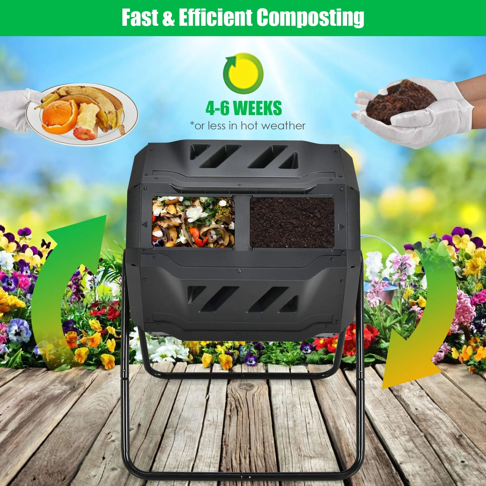 43 Gallon Composting Tumbler, Dual Chamber High Volume Compost with 2 Sliding Doors - Image 5