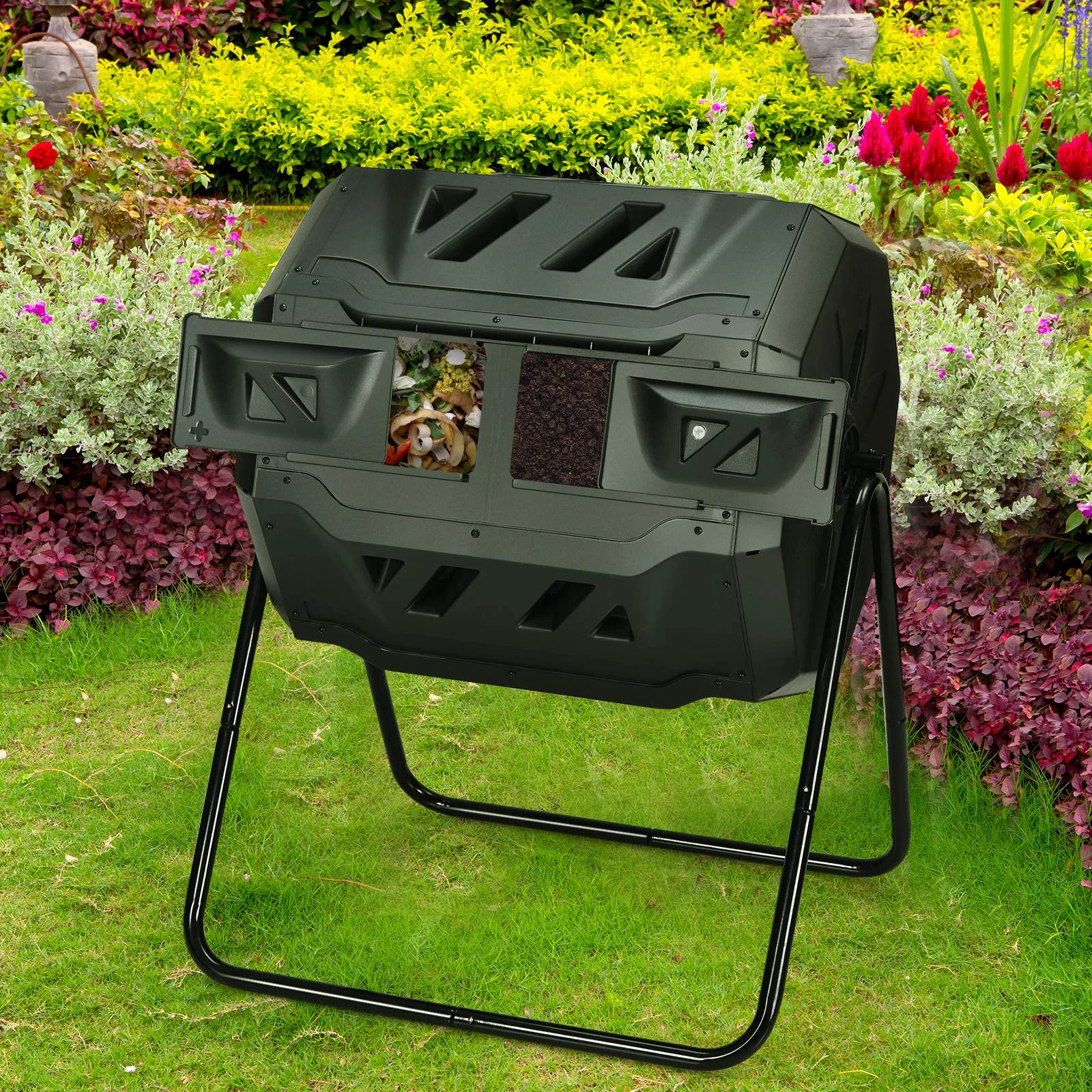 43 Gallon Composting Tumbler, Dual Chamber High Volume Compost with 2 Sliding Doors - Image 6