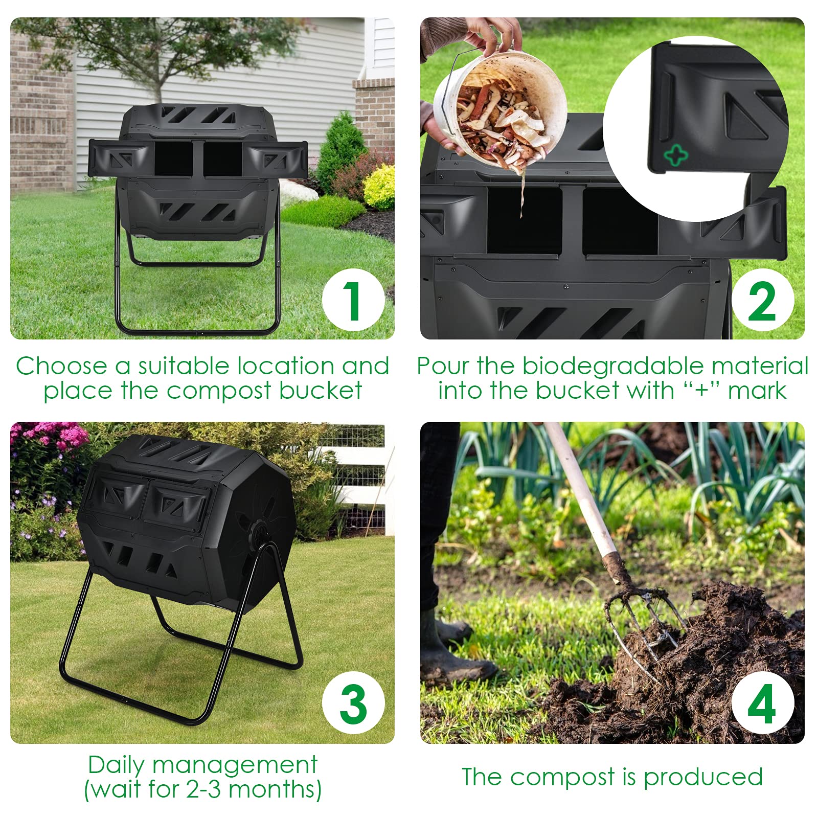 43 Gallon Composting Tumbler, Dual Chamber High Volume Compost with 2 Sliding Doors - Image 8