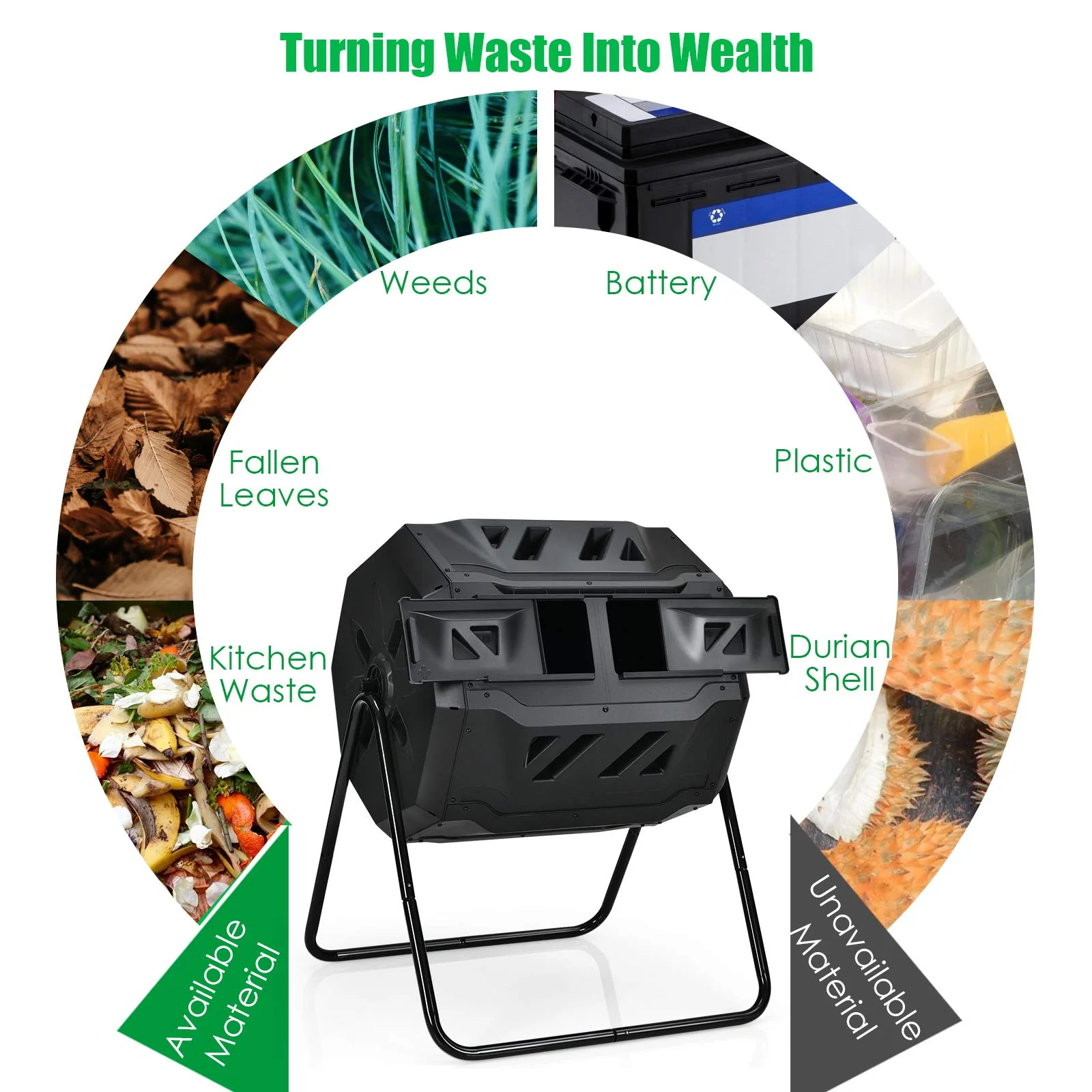 43 Gallon Composting Tumbler, Dual Chamber High Volume Compost with 2 Sliding Doors - Image 9