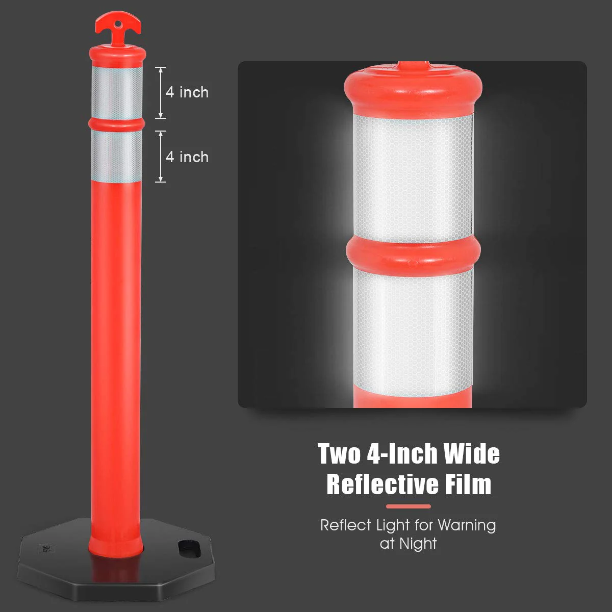 45" Delineator Post Cone, 6 Pack Traffic Cone Safety Barrier with 4" Reflective Collars - Image 4