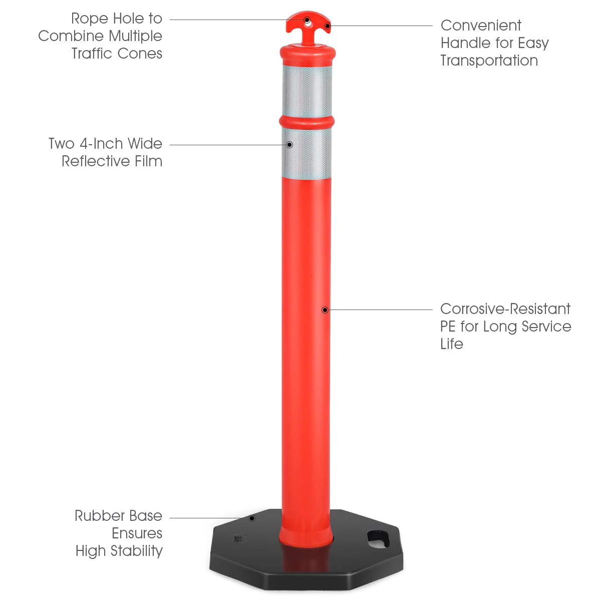 45" Delineator Post Cone, 6 Pack Traffic Cone Safety Barrier with 4" Reflective Collars - Image 6