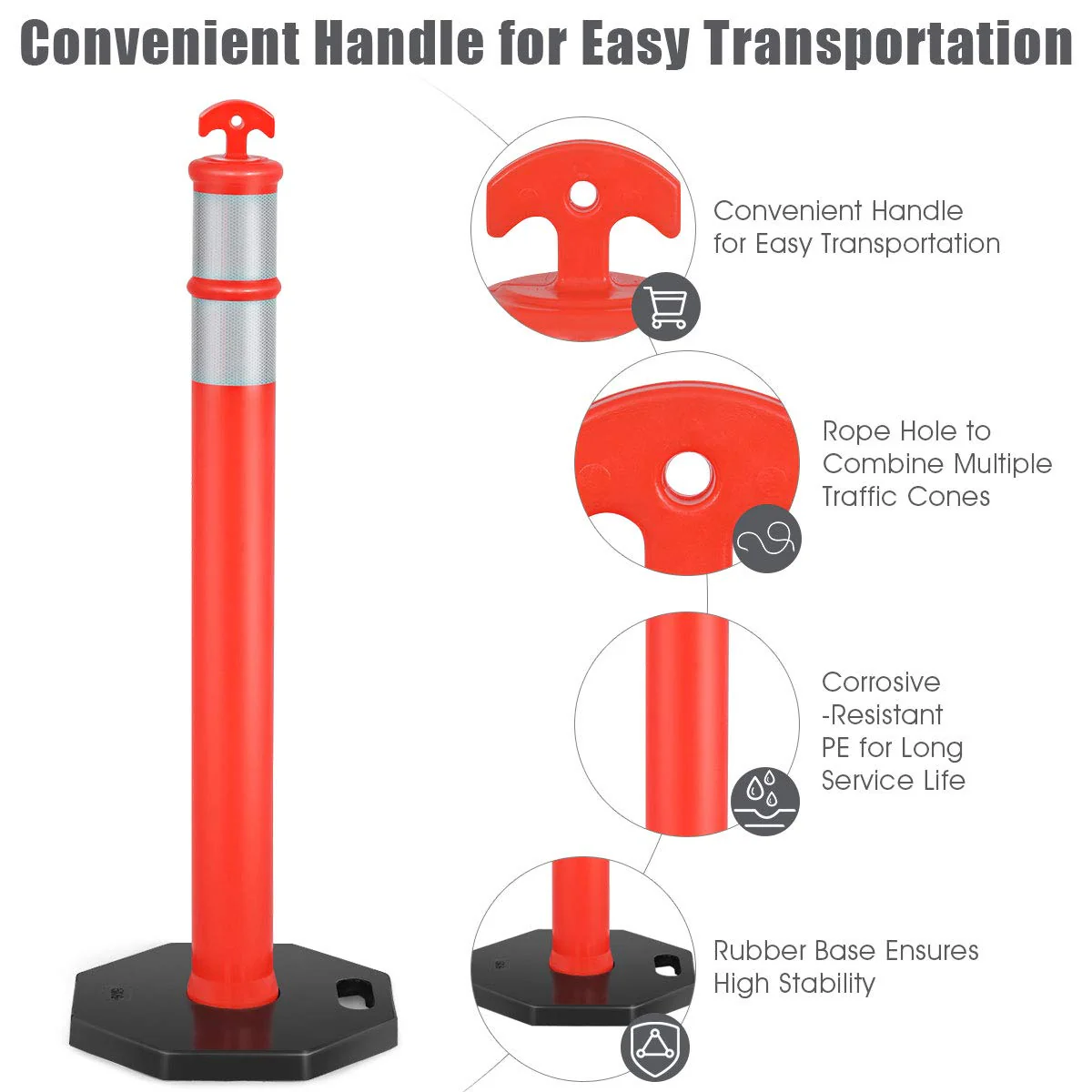 45" Delineator Post Cone, 6 Pack Traffic Cone Safety Barrier with 4" Reflective Collars - Image 8