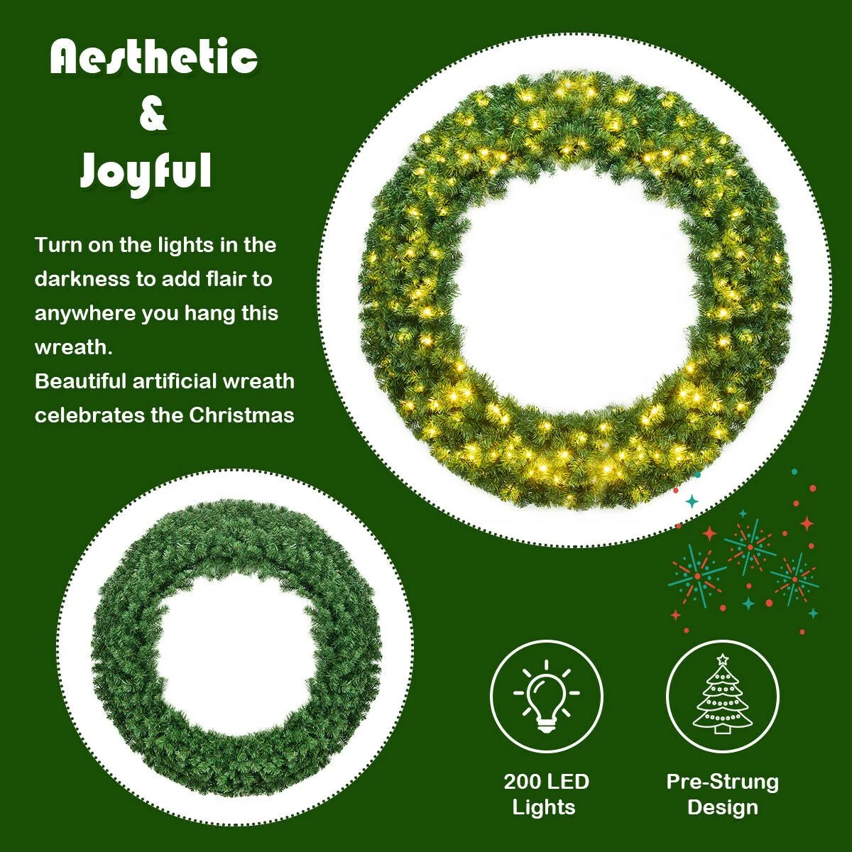 48" Pre-lit Cordless Artificial Christmas Wreath - Image 6