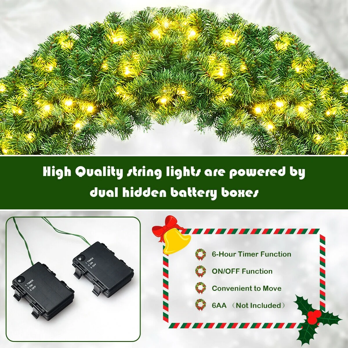 48" Pre-lit Cordless Artificial Christmas Wreath - Image 8