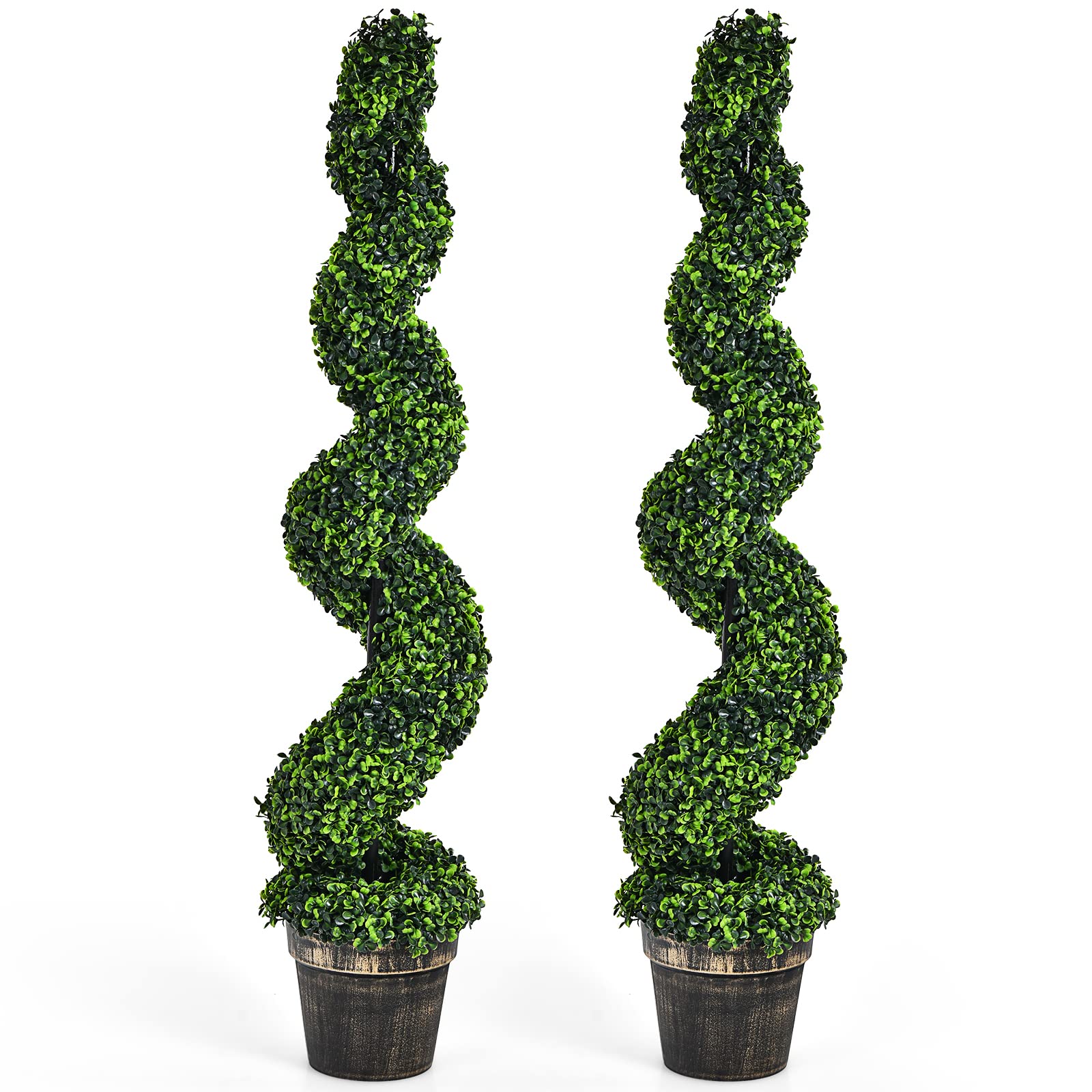 4FT Artificial Spiral Boxwood Topiary Tree Set of 2, Faux Decorative Plants in Cement-Filled Plastic Pot