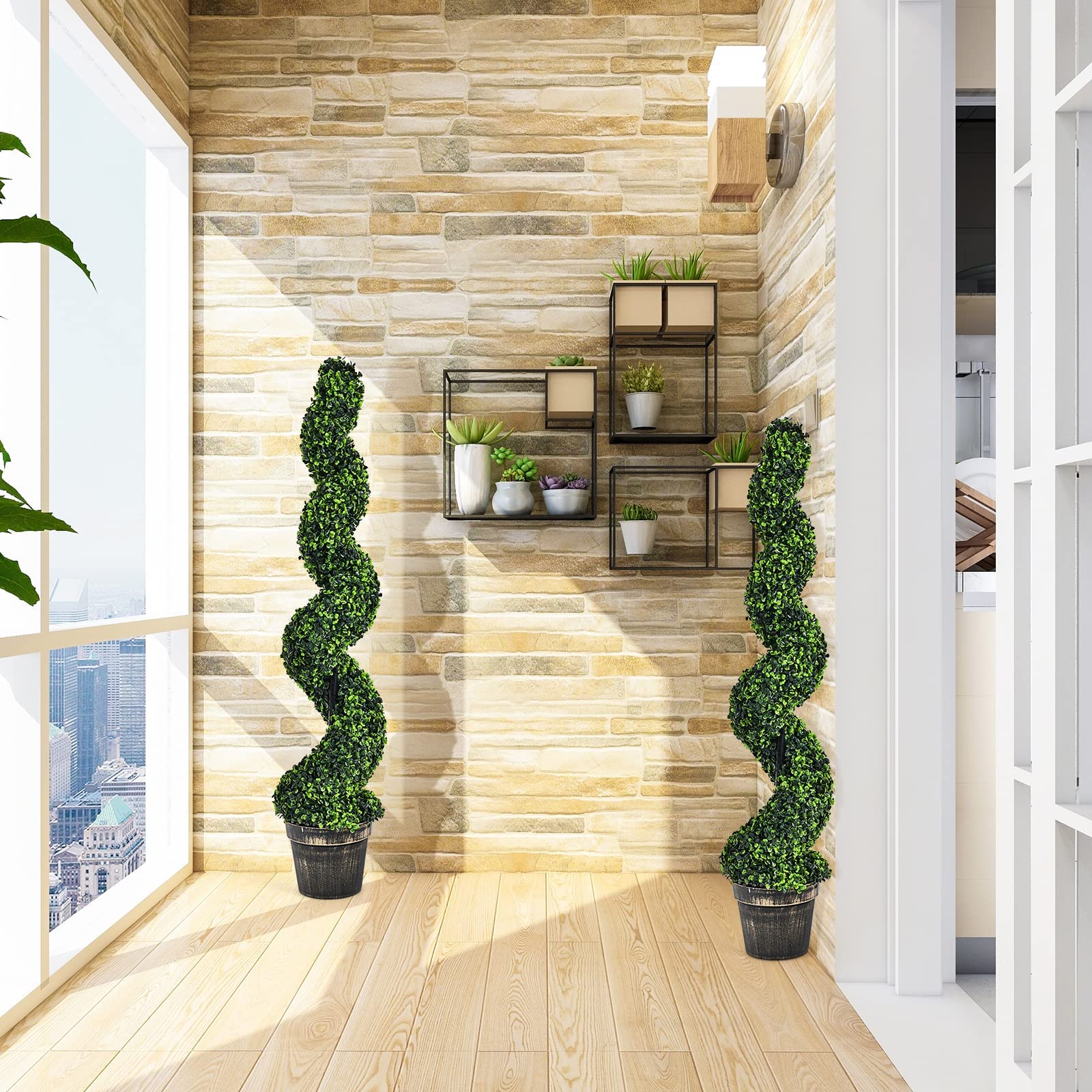 4FT Artificial Spiral Boxwood Topiary Tree Set of 2, Faux Decorative Plants in Cement-Filled Plastic Pot - Image 2