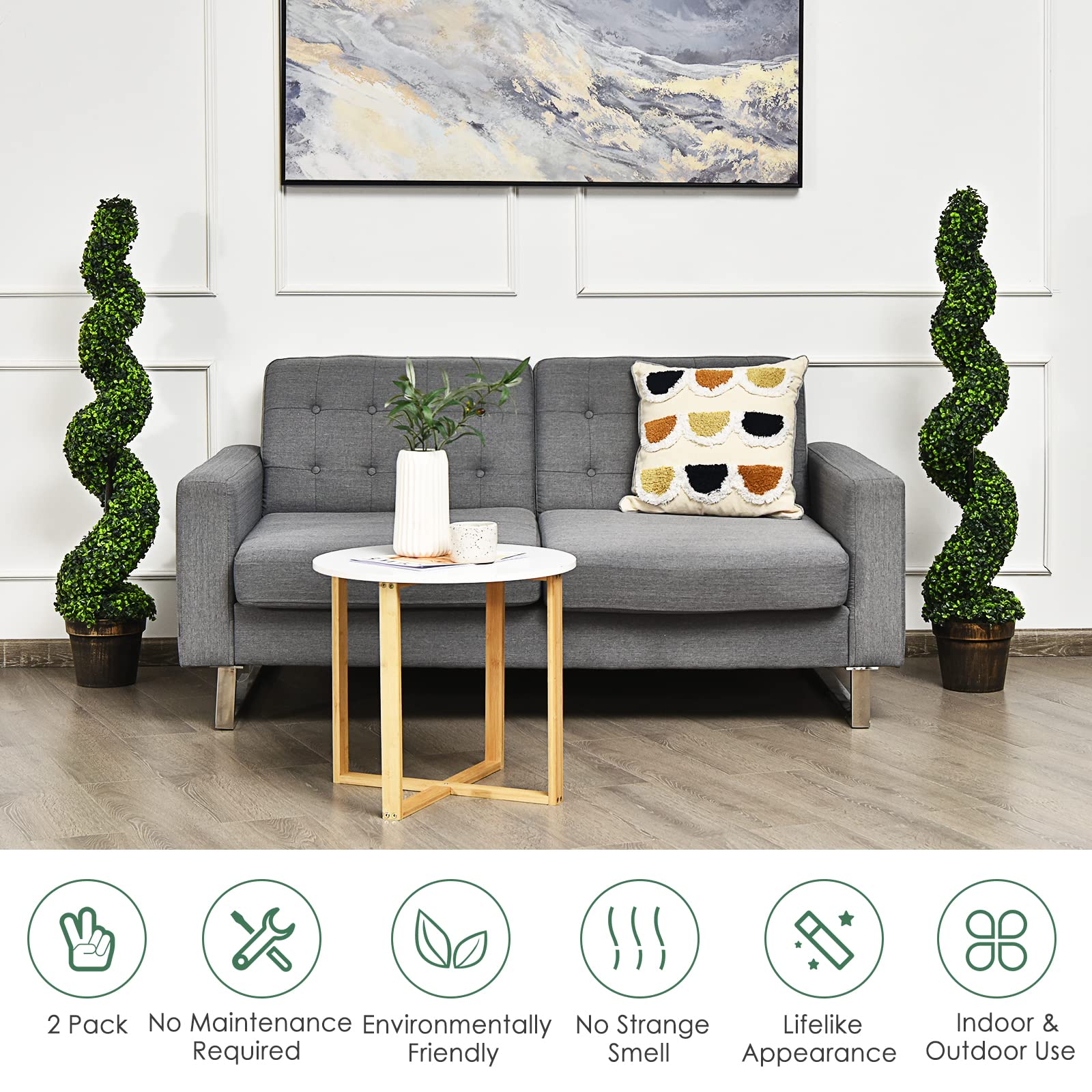 4FT Artificial Spiral Boxwood Topiary Tree Set of 2, Faux Decorative Plants in Cement-Filled Plastic Pot - Image 4