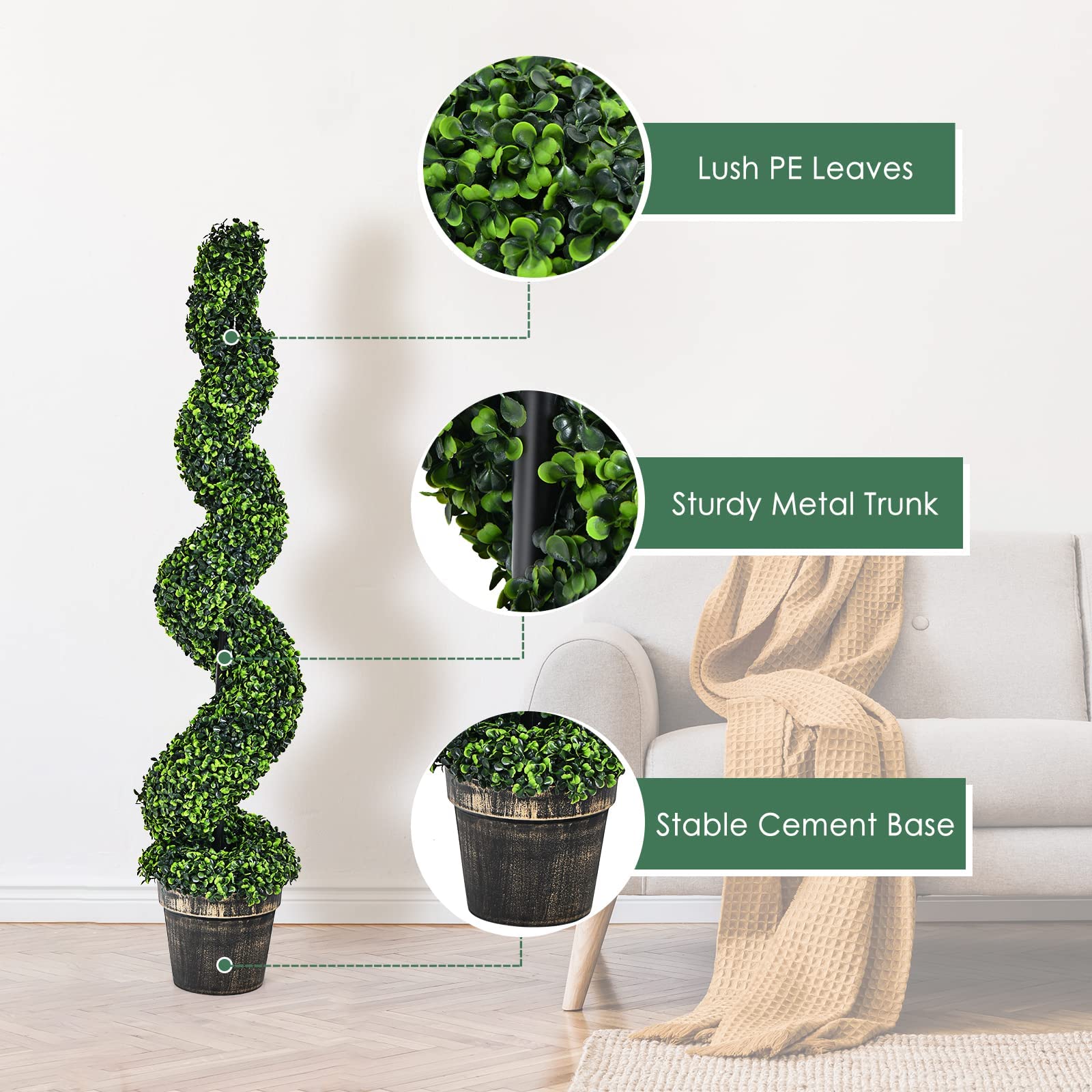4FT Artificial Spiral Boxwood Topiary Tree Set of 2, Faux Decorative Plants in Cement-Filled Plastic Pot - Image 5