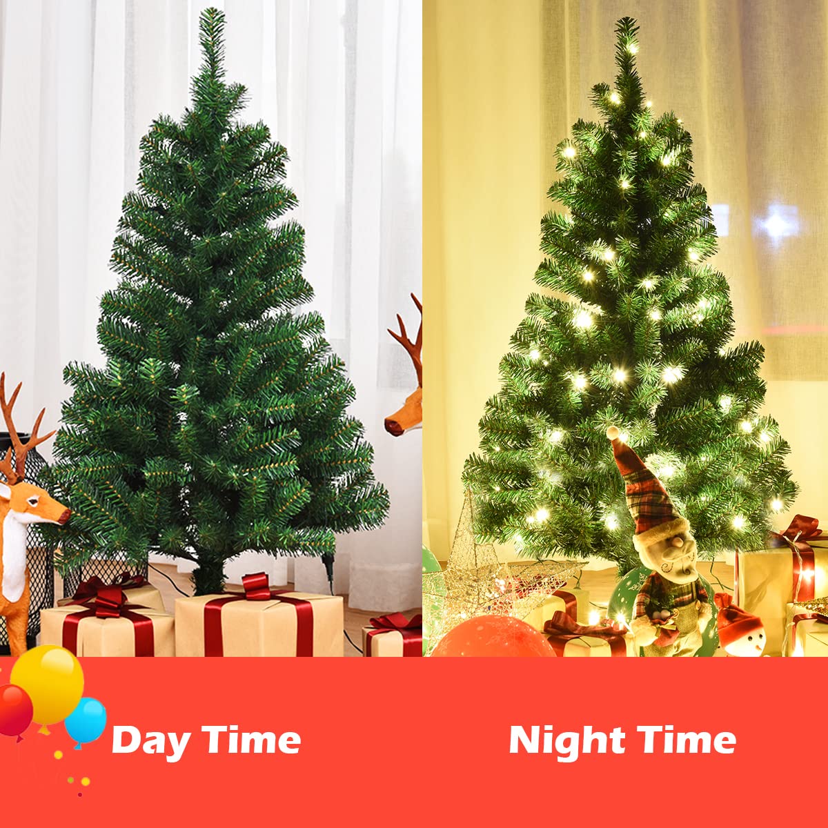 4ft Pre-Lit Christmas Tree, Artificial PVC Xmas Tree with 100 Warm White LED Lights and Stable Triangular Stand - Image 2