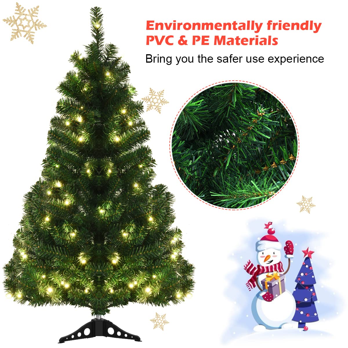 4ft Pre-Lit Christmas Tree, Artificial PVC Xmas Tree with 100 Warm White LED Lights and Stable Triangular Stand - Image 3