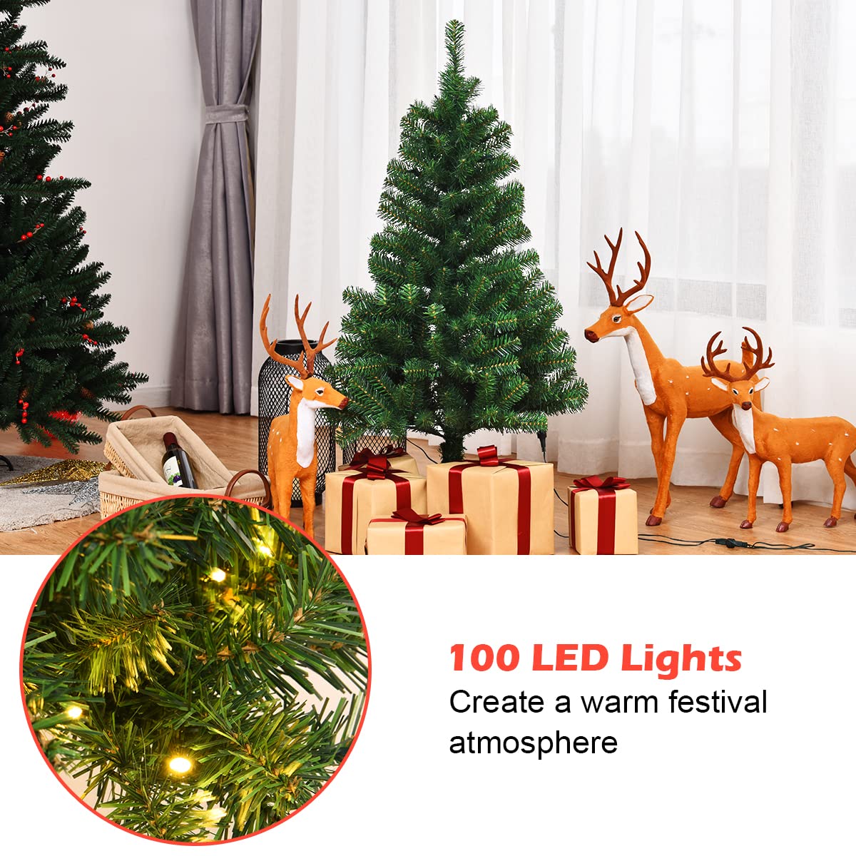 4ft Pre-Lit Christmas Tree, Artificial PVC Xmas Tree with 100 Warm White LED Lights and Stable Triangular Stand - Image 4