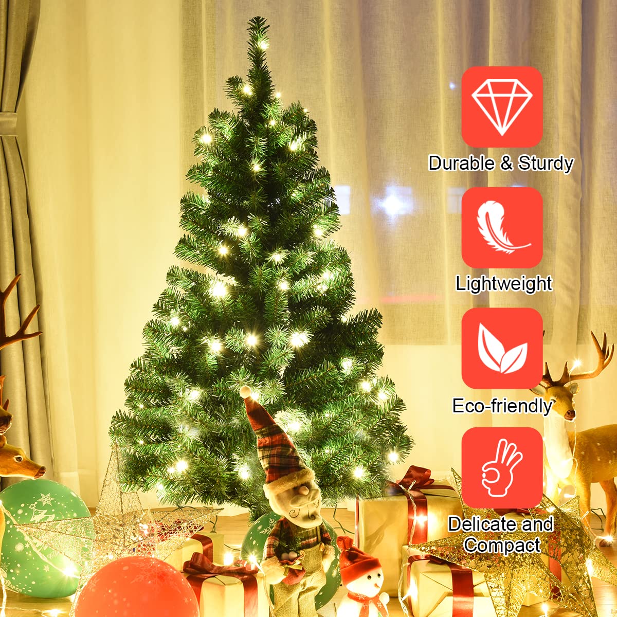 4ft Pre-Lit Christmas Tree, Artificial PVC Xmas Tree with 100 Warm White LED Lights and Stable Triangular Stand - Image 6