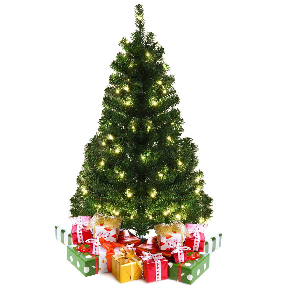 4ft Pre-Lit Christmas Tree, Artificial PVC Xmas Tree with 100 Warm White LED Lights and Stable Triangular Stand - Image 8