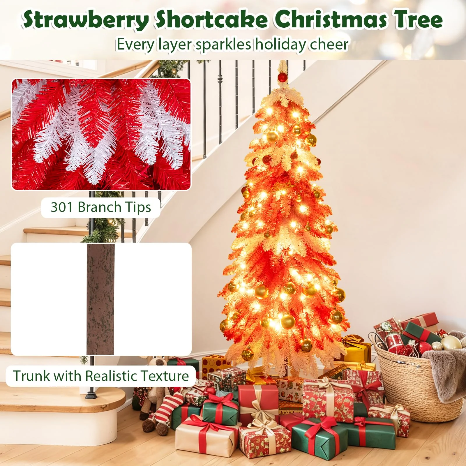 5 FT Artificial Christmas Tree Pre-lit Xmas Trees with 301 Red and White Branch Tips - Image 2