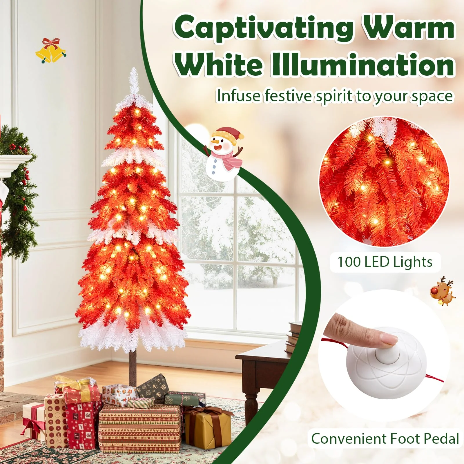 5 FT Artificial Christmas Tree Pre-lit Xmas Trees with 301 Red and White Branch Tips - Image 3