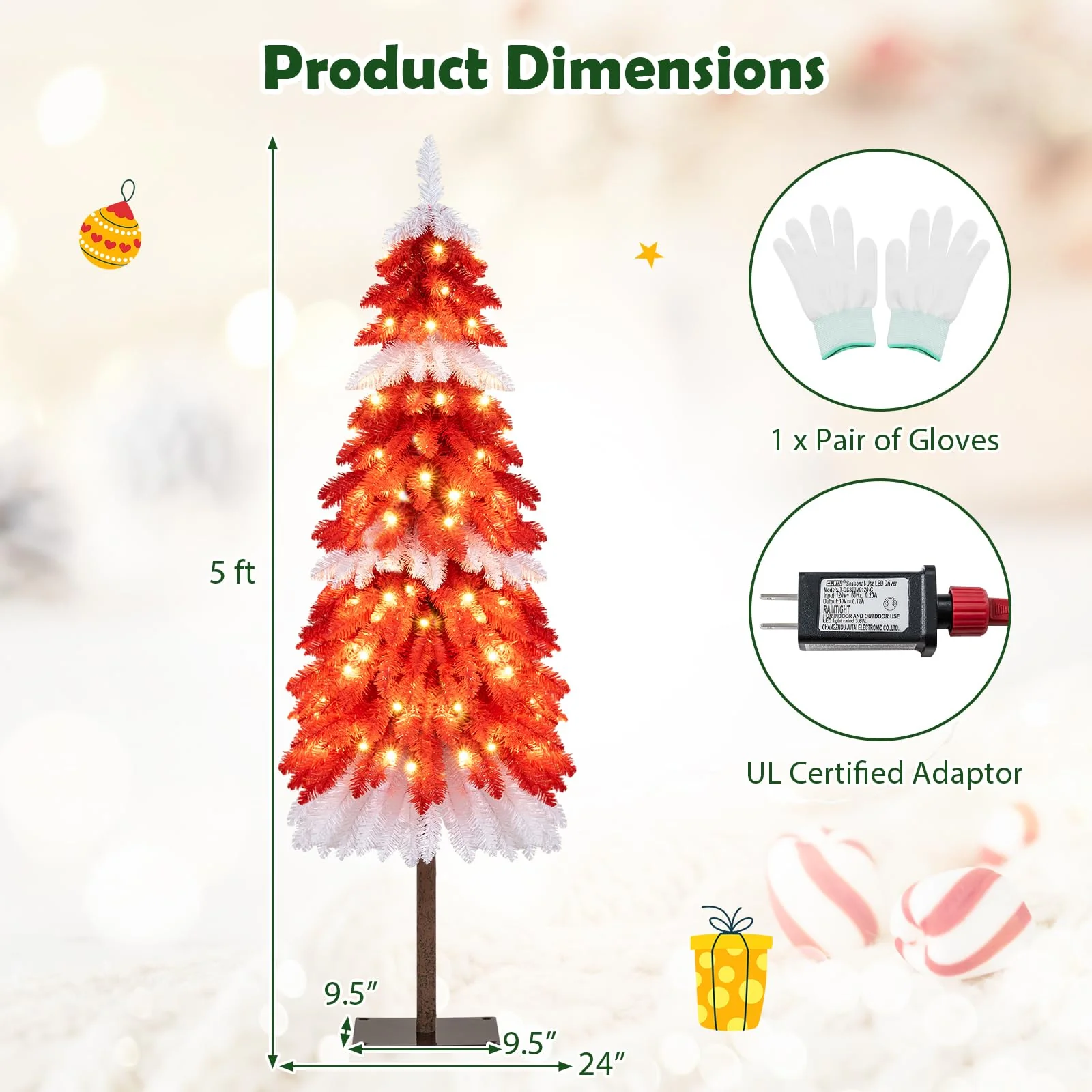 5 FT Artificial Christmas Tree Pre-lit Xmas Trees with 301 Red and White Branch Tips - Image 5