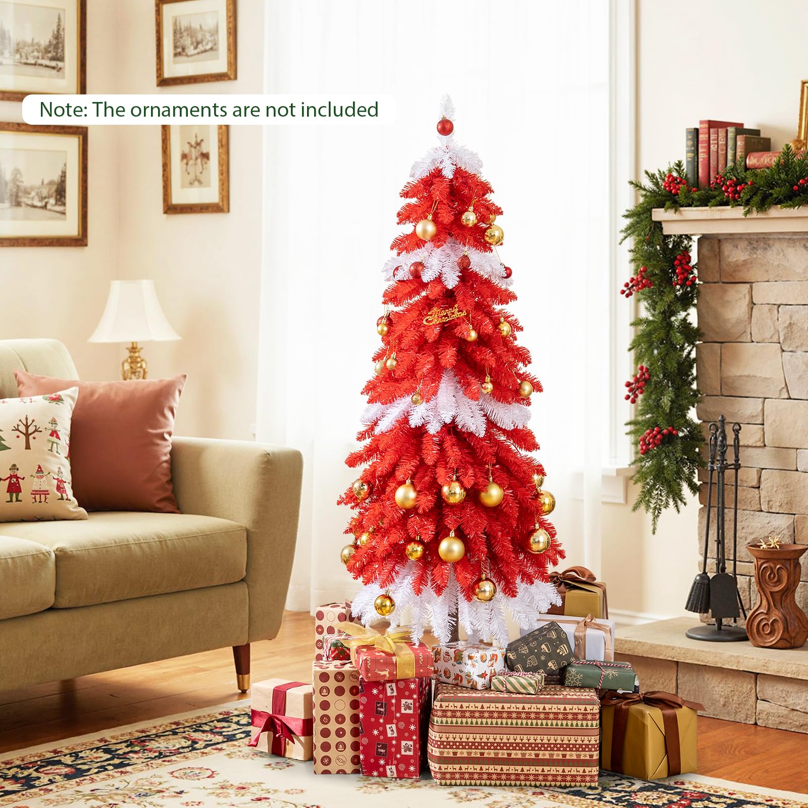 5 FT Artificial Christmas Tree Pre-lit Xmas Trees with 301 Red and White Branch Tips - Image 7