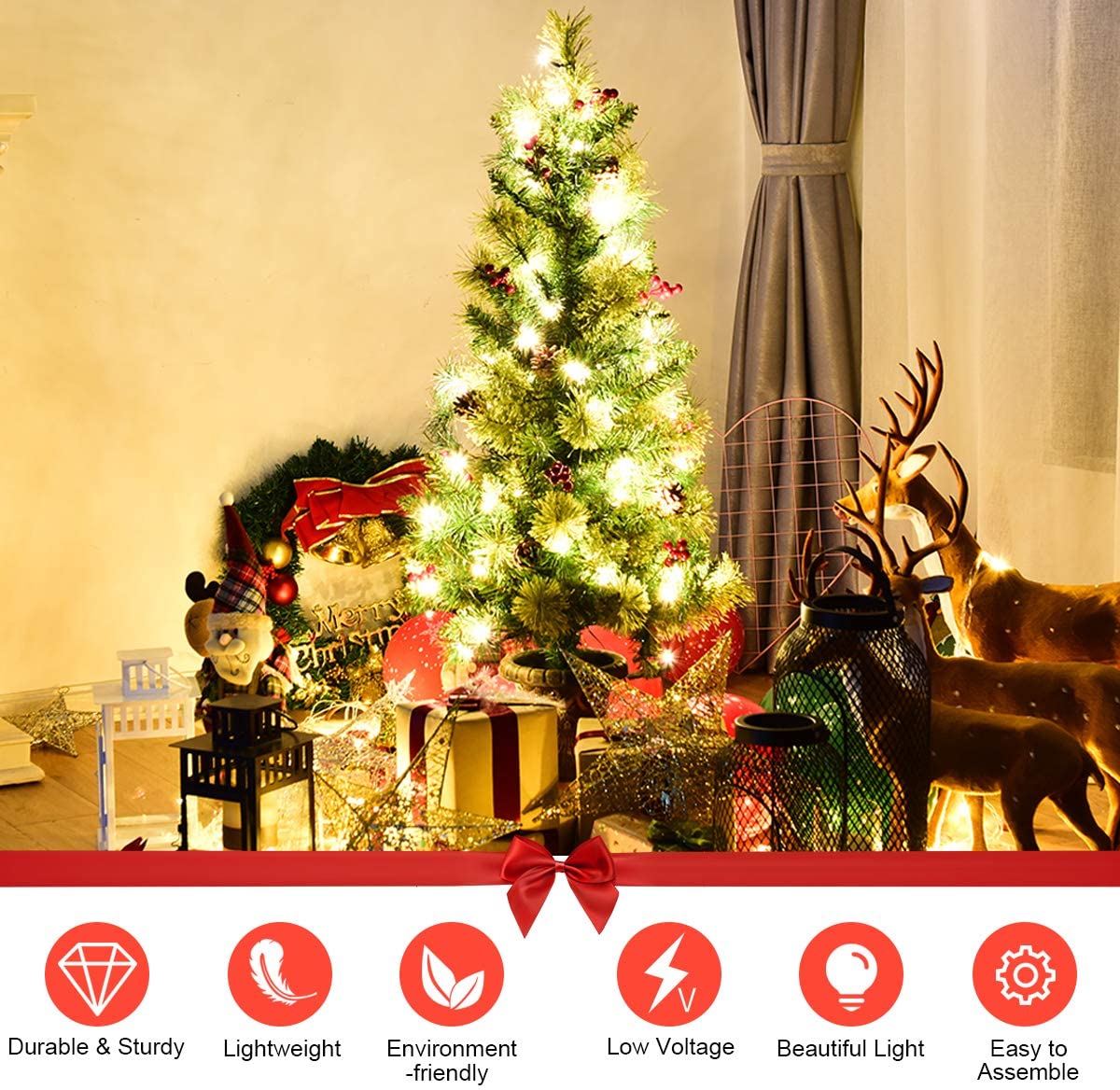 5 FT Christmas Tree Pre-Lit Tabletop Artificial Entrance Tree with 100 Led Lights - Image 3