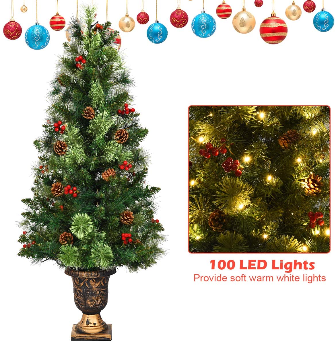 5 FT Christmas Tree Pre-Lit Tabletop Artificial Entrance Tree with 100 Led Lights - Image 6