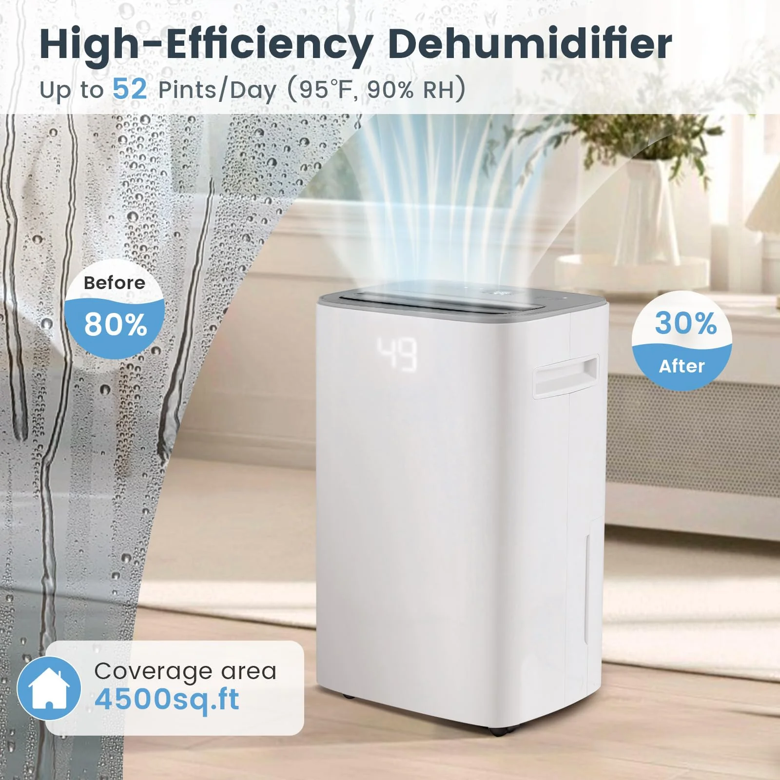 52 Pint Dehumidifier for Basement, 4500 Sq. Ft Portable Dehumidifier w/Auto & Manual Drainage - Image 2