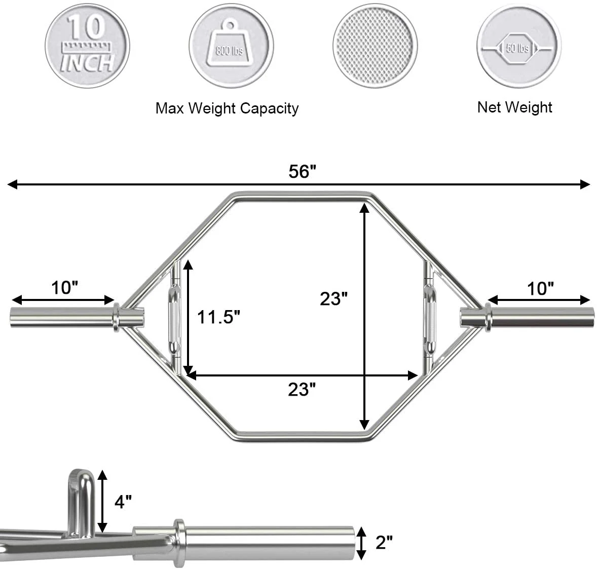 Folding Trap Bar 56" Chrome Finish Hex Weight Lifting Bar Deadlift Bar with Two-Handle - Image 8