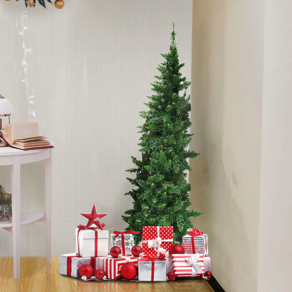 5ft/6ft Prelit Half-Shape Christmas Tree, Premium PVC Needles Artificial Tree - Image 2