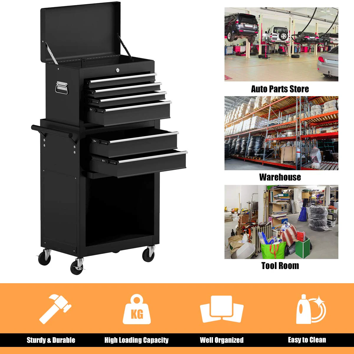 6-Drawer Rolling Tool Chest Removable Tool Storage Cabinet with Sliding Drawers - Image 5