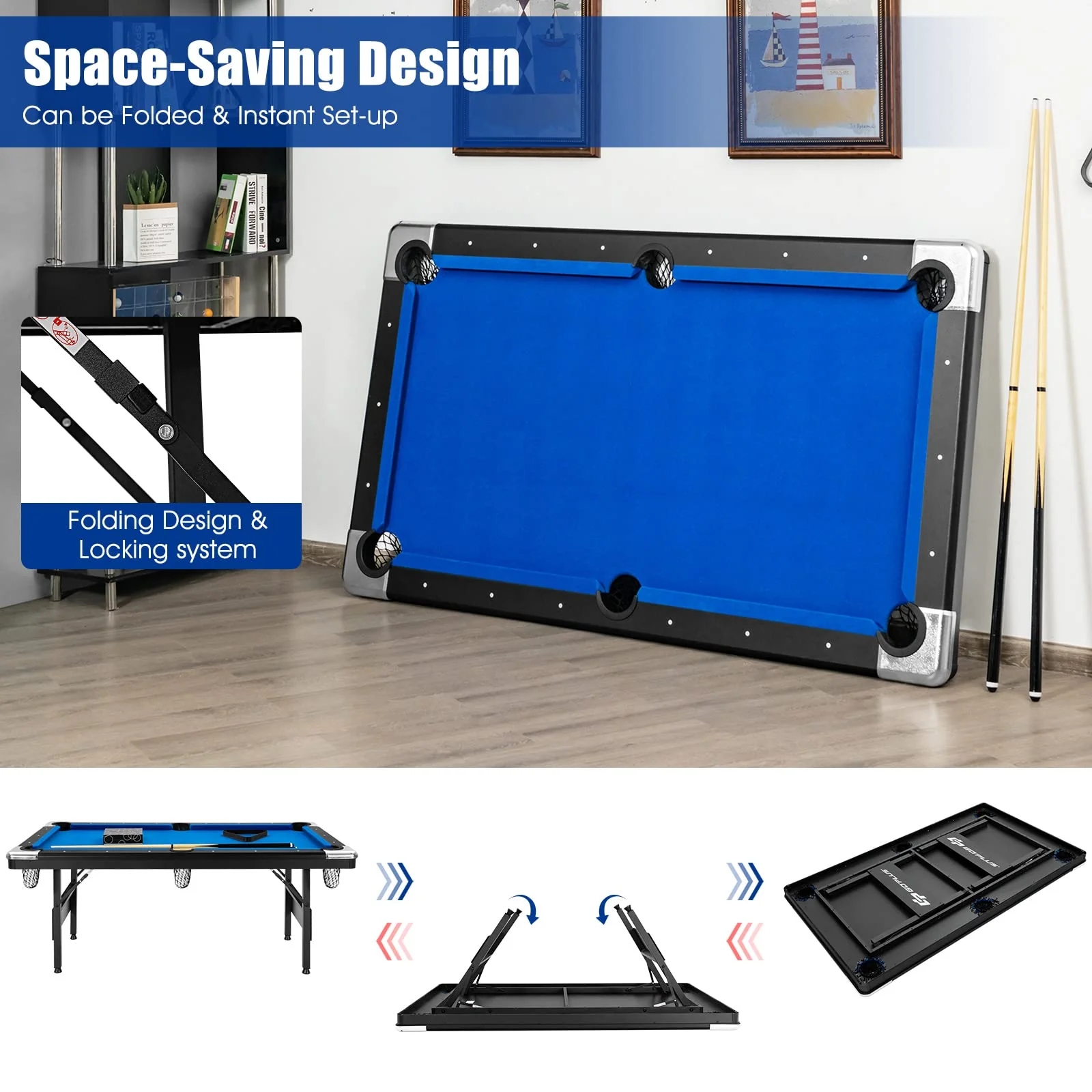 6 FT Folding Pool Table, 76 Inch Portable Billiard Tables for Adults, Full Accessory Kit - Image 3