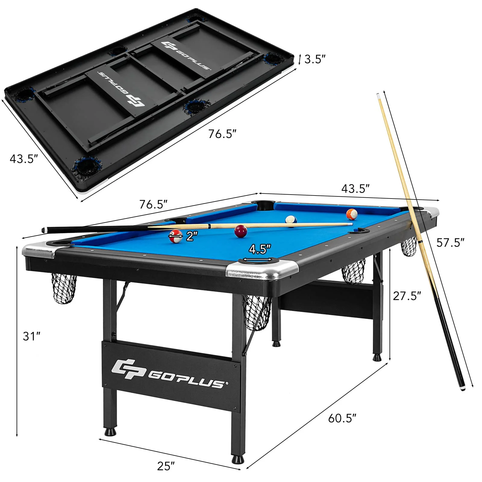 6 FT Folding Pool Table, 76 Inch Portable Billiard Tables for Adults, Full Accessory Kit - Image 7