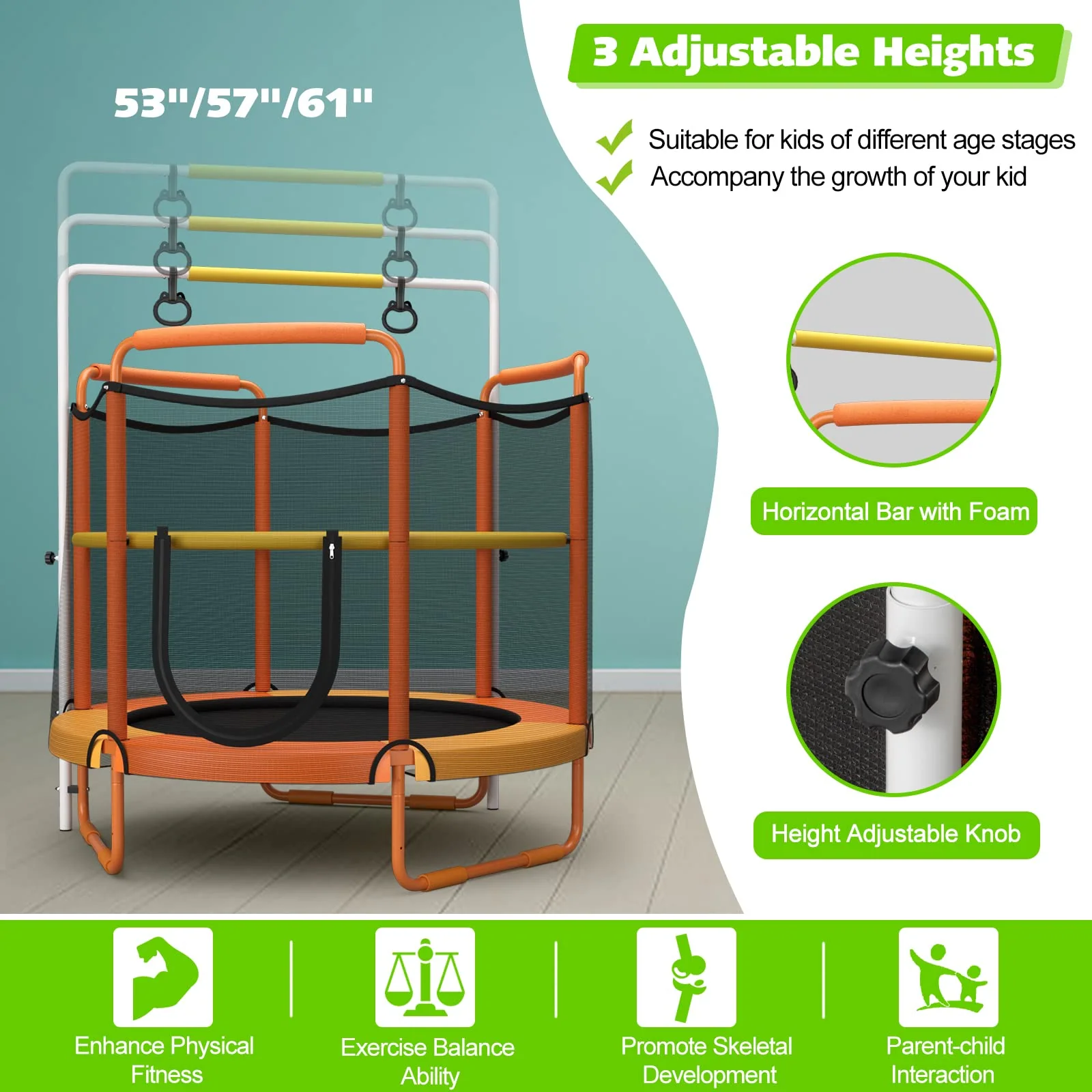 60 Inch Kids Trampoline with Safety Enclosure Net - Image 6