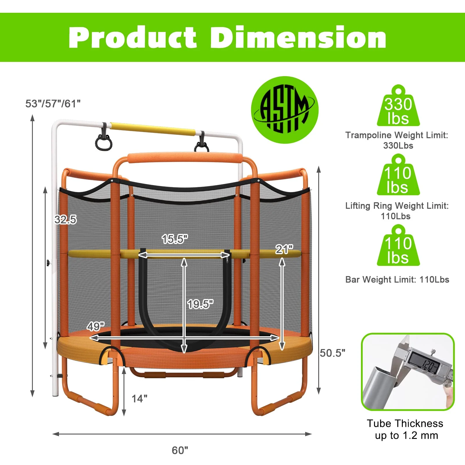 60 Inch Kids Trampoline with Safety Enclosure Net - Image 8