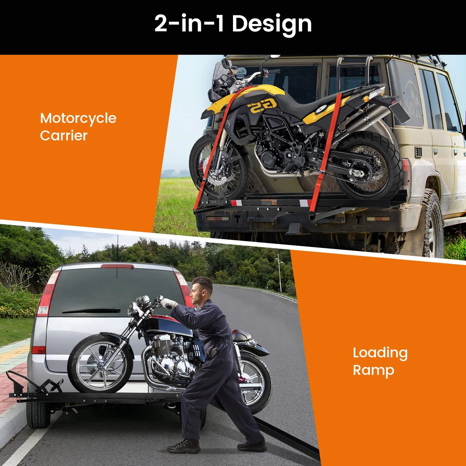 600 LBS Motorcycle Carrier Dirt Bike Rack Hitch Mount Hauler Heavy Duty with Loading Ramp - Image 3