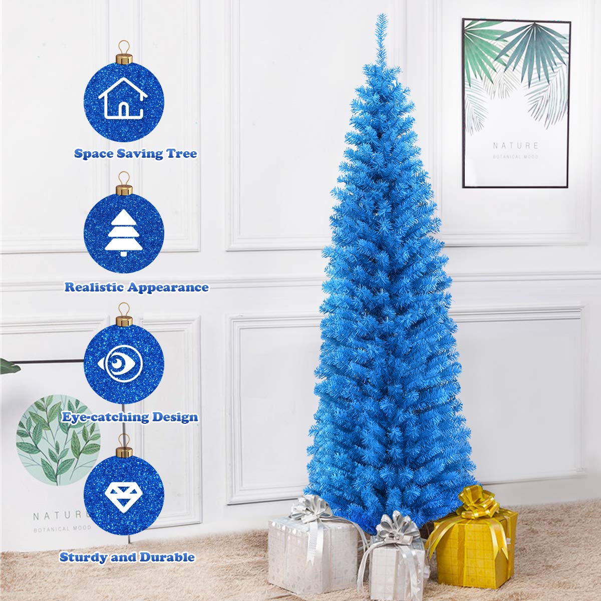 6ft Blue Pencil Christmas Tree, Artificial Slim Tree - Image 12